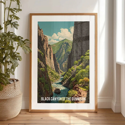 Colorado national park scenery wall decor with a black frame and matting leans casually on a bedroom floor, creating a bold vertical accent behind the bed.