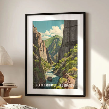 Retro Colorado travel poster wall print in a black frame with mat lends a nostalgic highlight to the lounge, positioned over an accent chair.