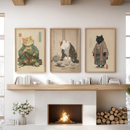 Black cat eating ramen noodles, a wall-hanging set of three in oak frames, crowns the family room mantelpiece with character and cozy kitchen charm.