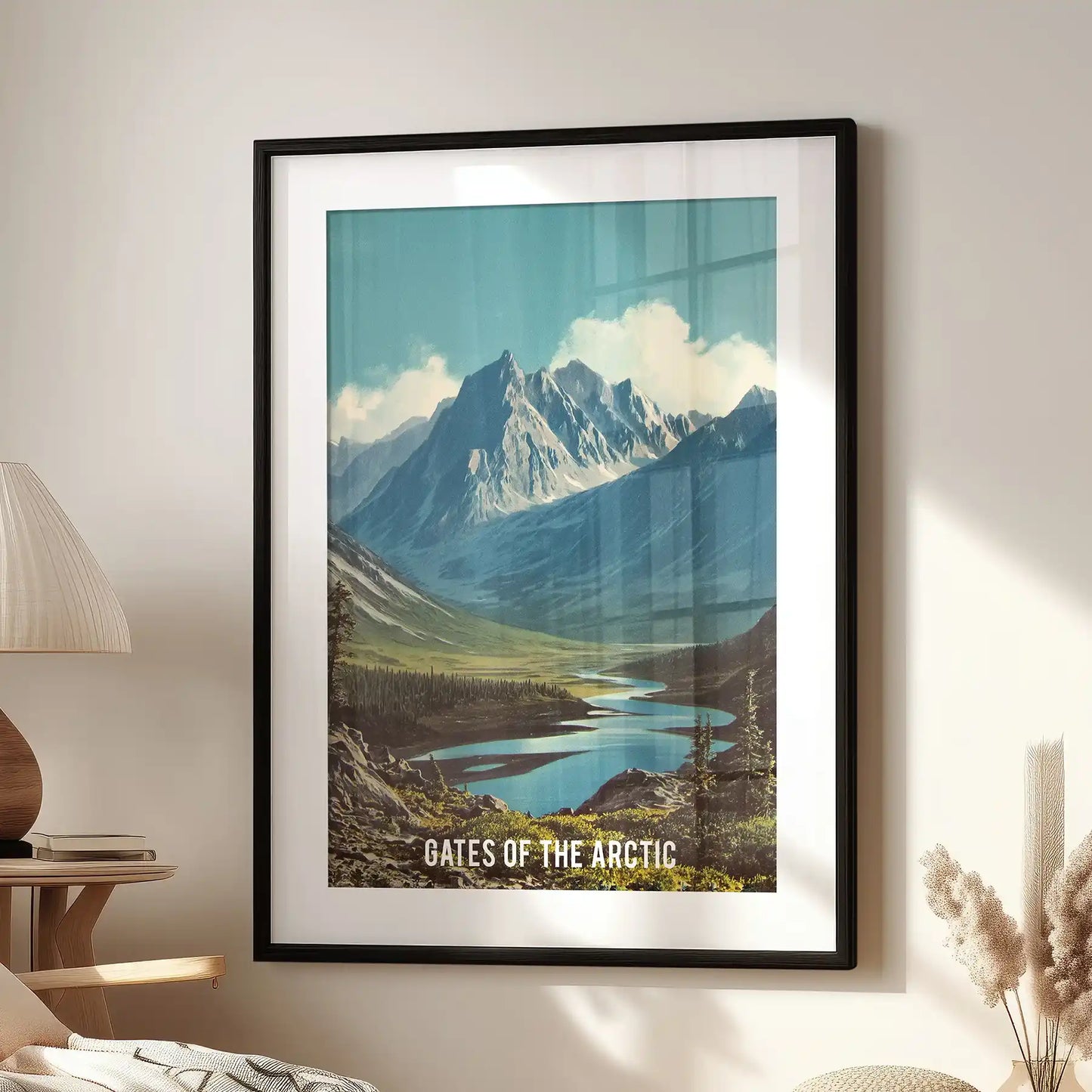 Arctic wilderness landscape poster print adds quiet drama to the family room, placed above the reading chair in a black frame with mat for a crisp finish.