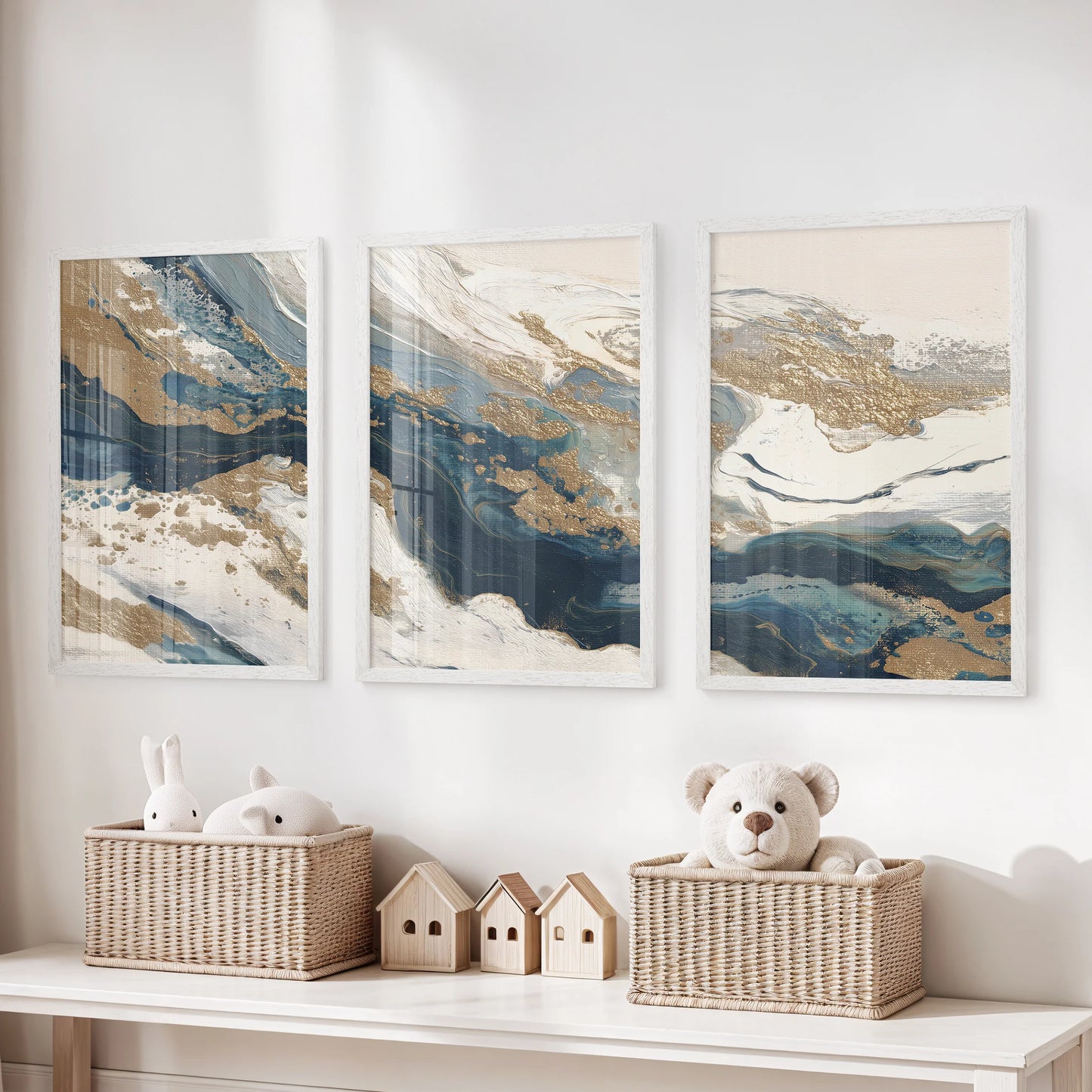 Set of three playful art prints in fresh white frames hangs above the toy organizer in the kids’ room, adding a clean, lively lift.