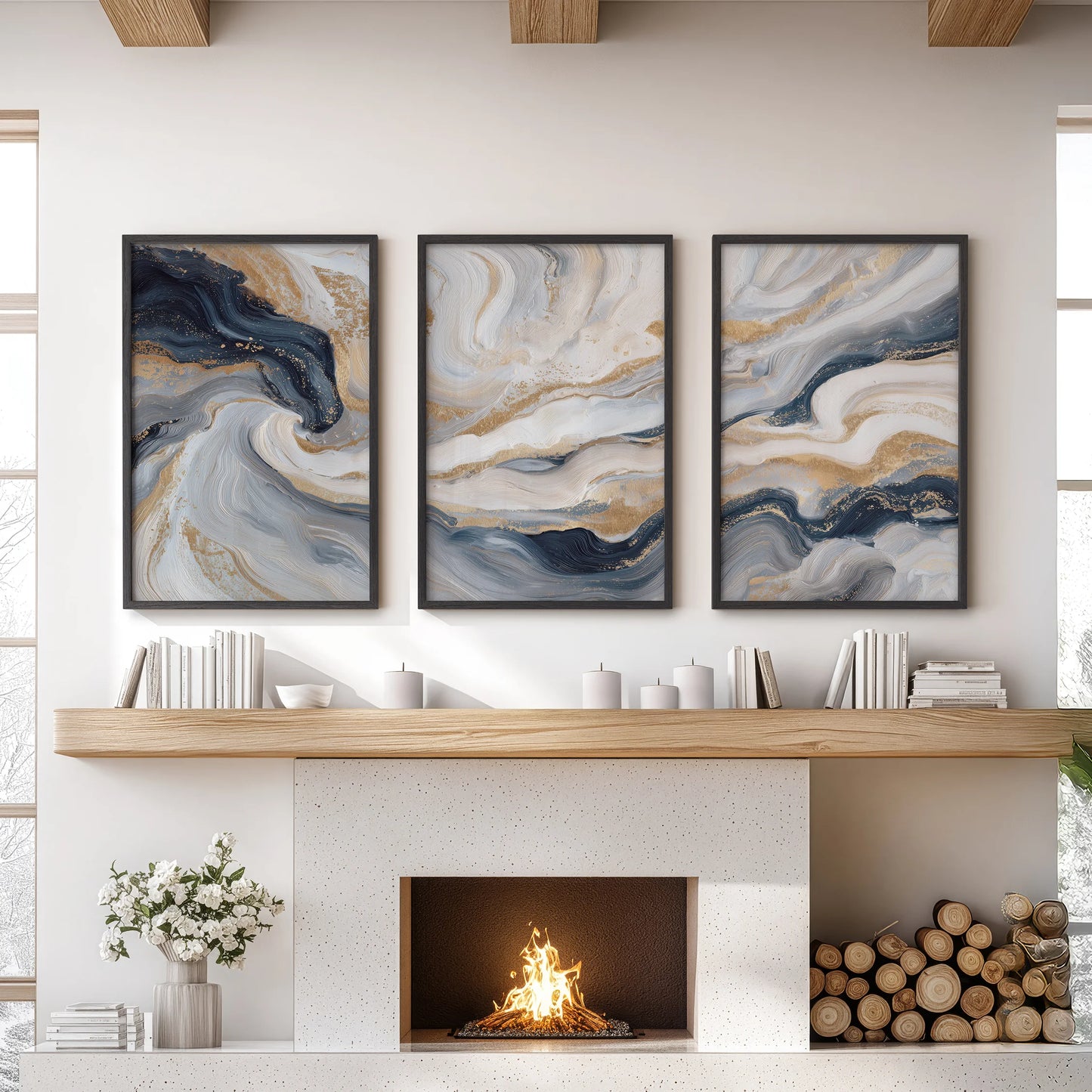 Navy blue brush stroke abstracts in a three-piece wall art set ground the scene, shown in black frames above the family room hearth.