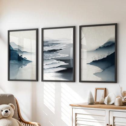 Coastal abstract waves wall art, a set of 3 large prints, hangs over the chest of drawers in the kids' playroom with crisp black frames.