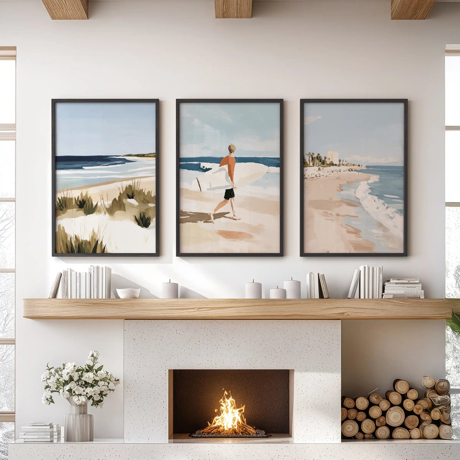 Ocean waves, 3-piece print set in black frames, hangs over the lounge mantel and brings a cool coastal lift to the room.