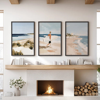 Ocean waves, 3-piece print set in black frames, hangs over the lounge mantel and brings a cool coastal lift to the room.