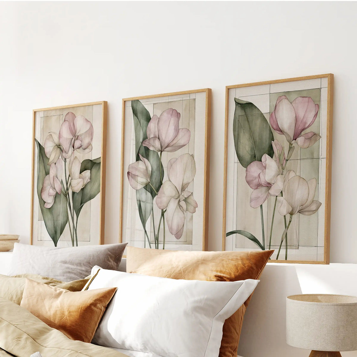 Long green leaves and pale pink blossoms fill three oak-framed prints above white and ochre bed pillows, with faint rectangular lines behind them.
