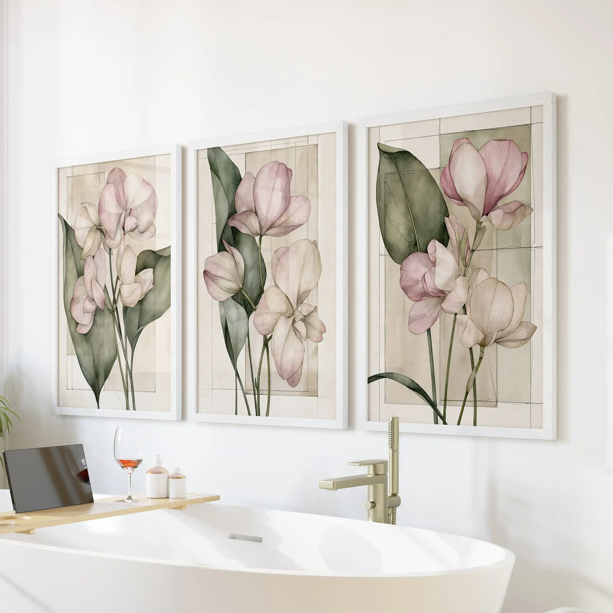 Pale pink flower prints hang in three white frames above a freestanding bathtub.
