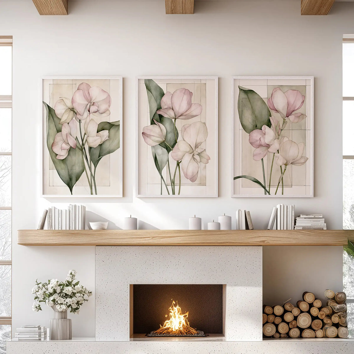 Above a fireplace, three white-framed prints show pale pink blossoms.