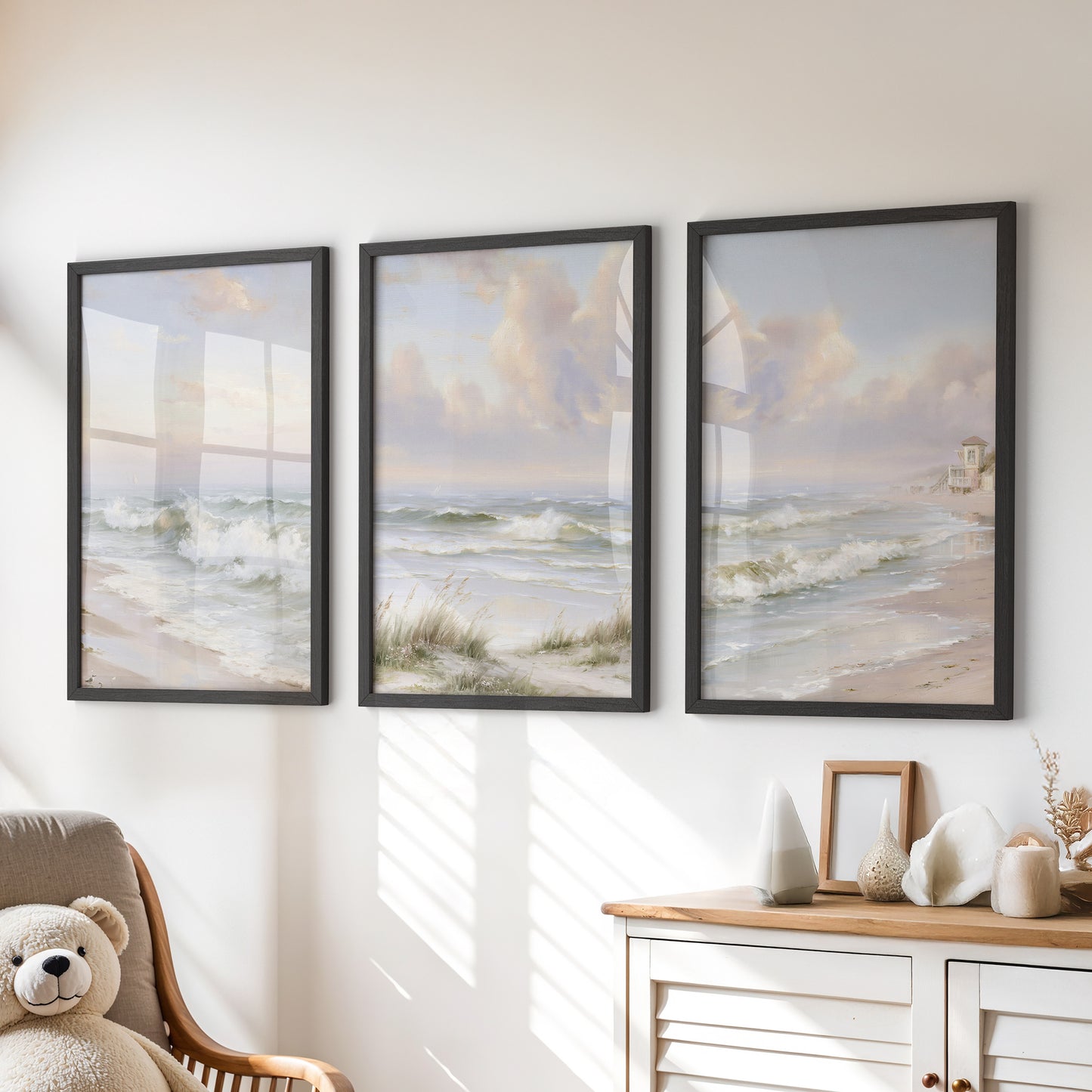 Beach Landscape Set of 3 Wall Decor. Serene Ocean Waves Prints