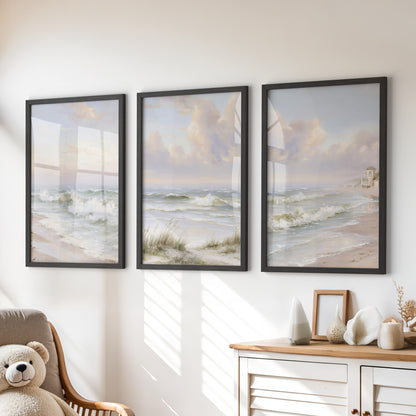 Beach Landscape Set of 3 Wall Decor. Serene Ocean Waves Prints
