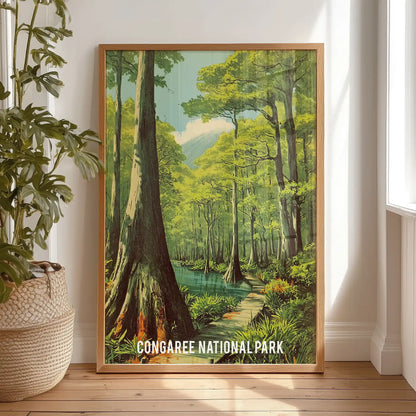Boardwalk Loop trail large wall poster in a natural wood frame leans against the bedroom wall by the window, offering a sunlit path through Congaree.