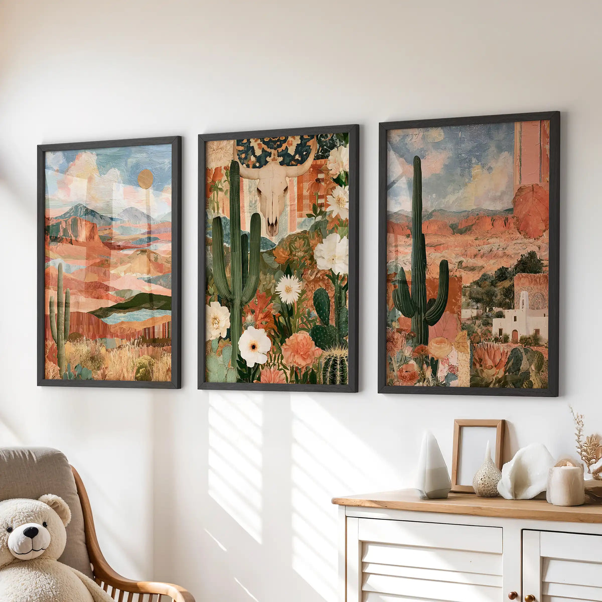 Cactus landscape three-piece picture set adds playful warmth above the playroom chest of drawers, with black framed prints in sunwashed neutrals.