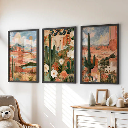 Cactus landscape three-piece picture set adds playful warmth above the playroom chest of drawers, with black framed prints in sunwashed neutrals.