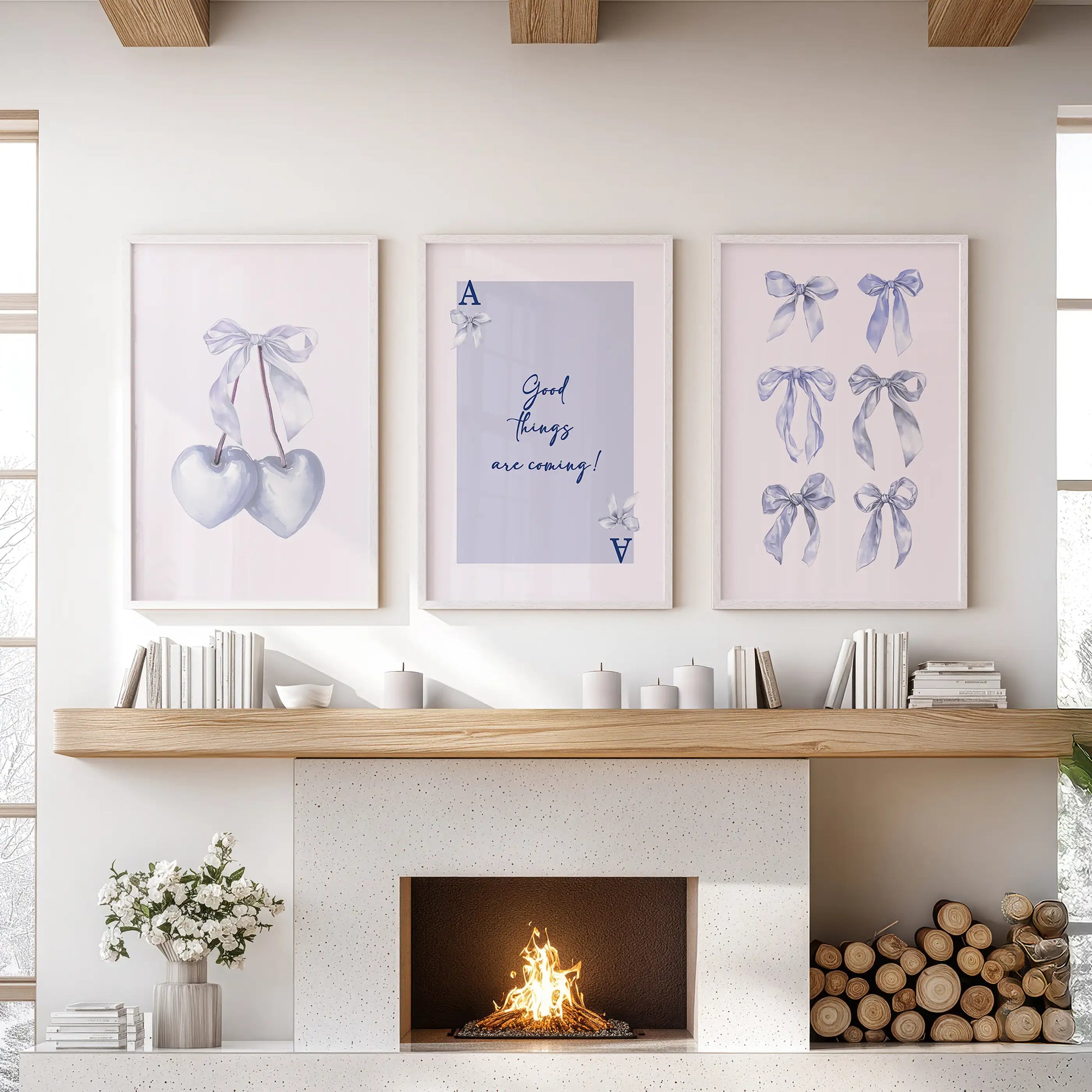 A trio of light blue bow prints framed in white hangs above the hearth, lending a gentle, coquette accent to the relaxed lounge.