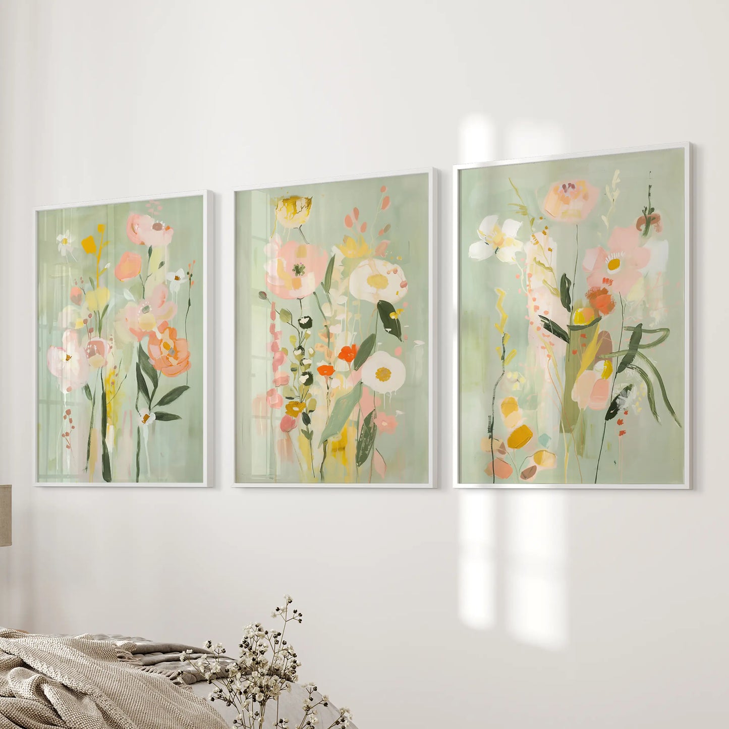 White-framed, bright floral prints in a three-piece trio lend gentle color to the bedroom wall beside the bed.