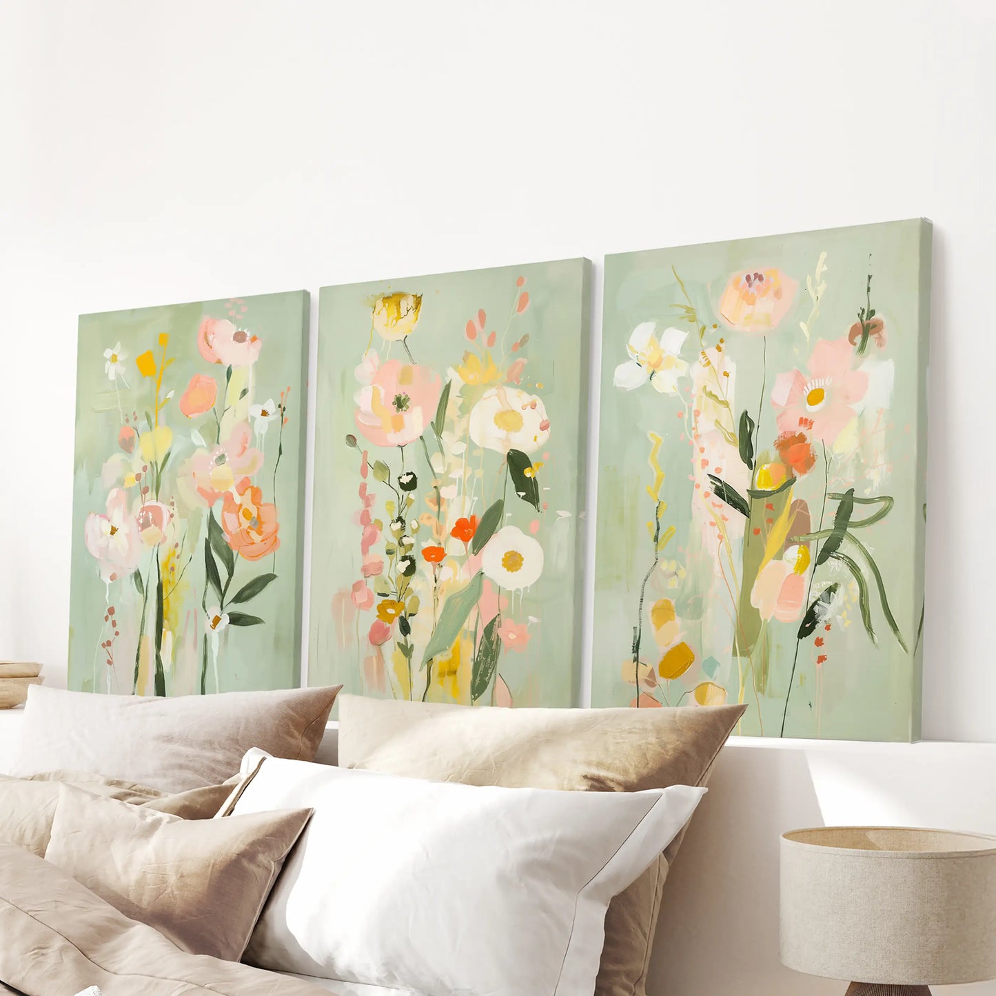 Wrapped in canvas, a 3-panel abstract floral wall decor spreads bright energy above the headboard in the bedroom.