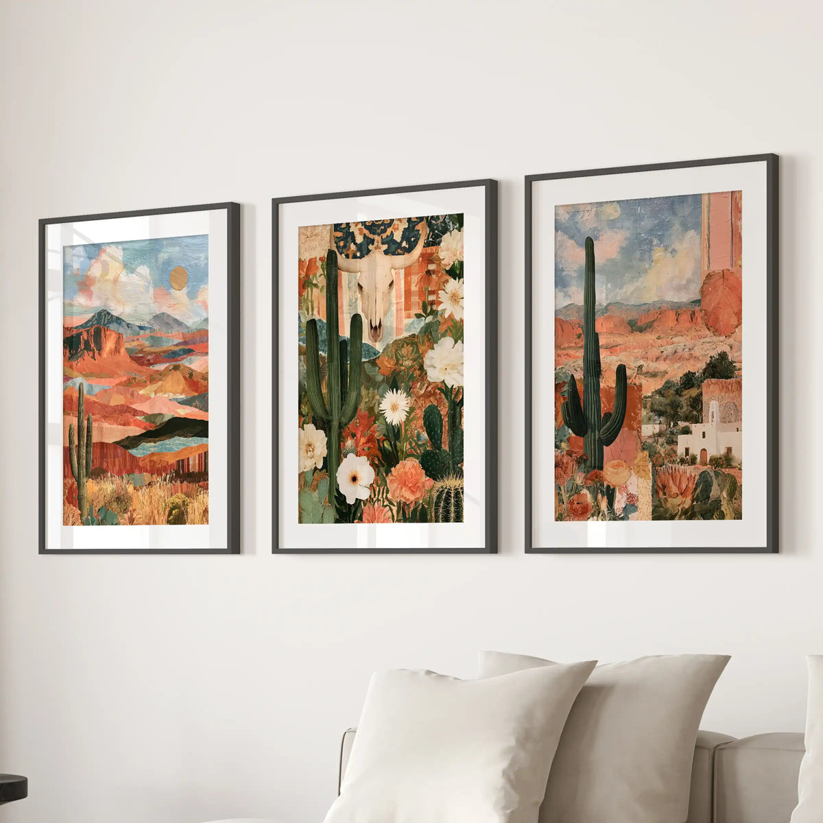 A trio of Western desert landscape prints hangs above the family room couch, finished in black frames and white mats for a crisp gallery look.