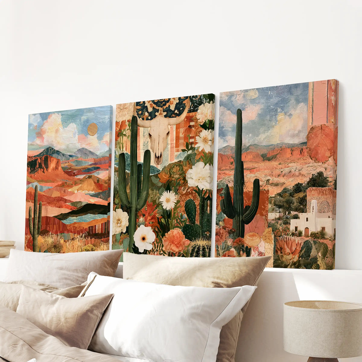 A three-piece cactus landscape canvas art set hangs over the bedroom headboard, with gallery-wrapped edges, sunlit saguaros and soft sands.