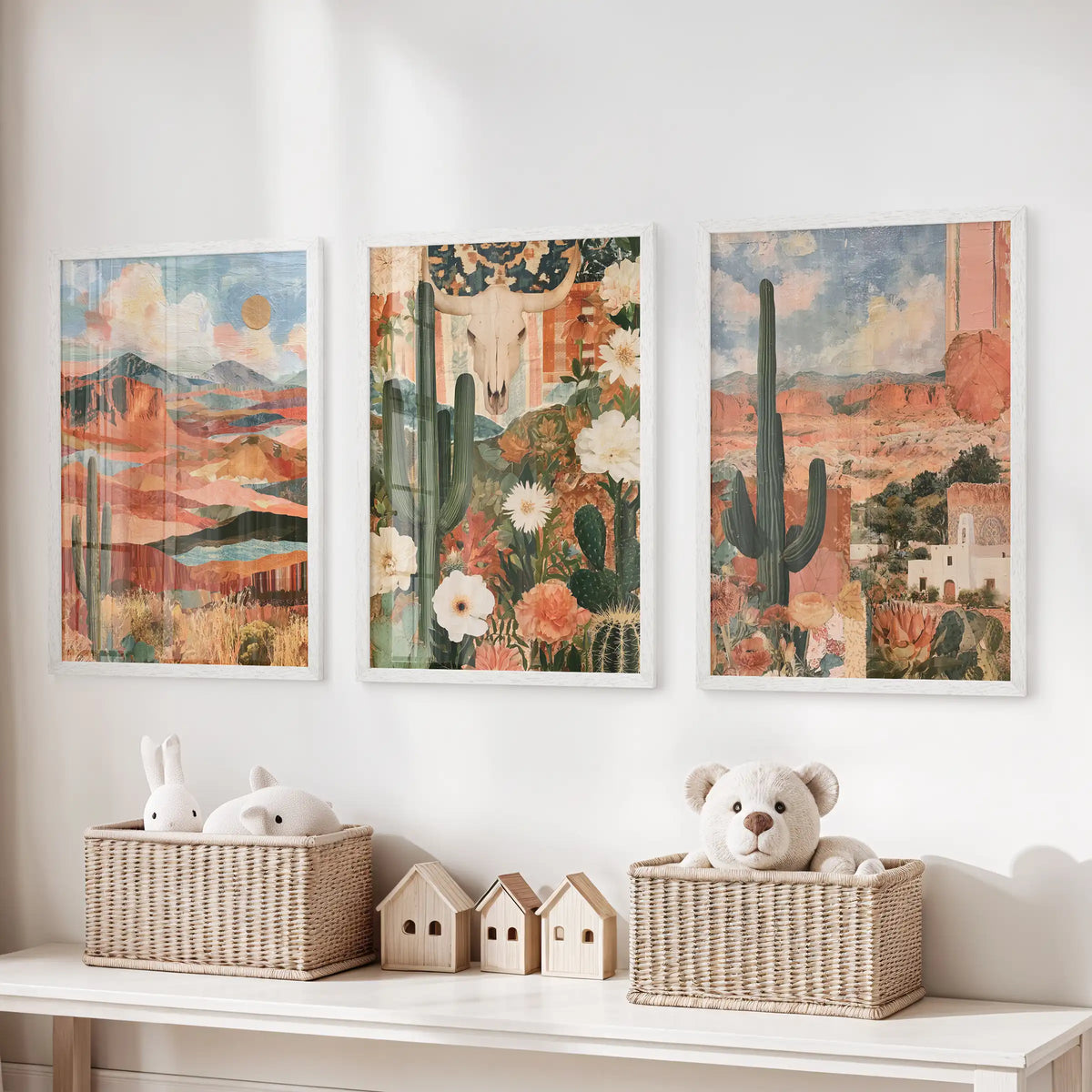 California desert scenery three-piece wall decor brightens the playroom above toy storage, with white framed prints in warm sand and sky tones.