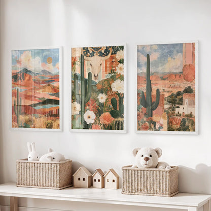 California desert scenery three-piece wall decor brightens the playroom above toy storage, with white framed prints in warm sand and sky tones.