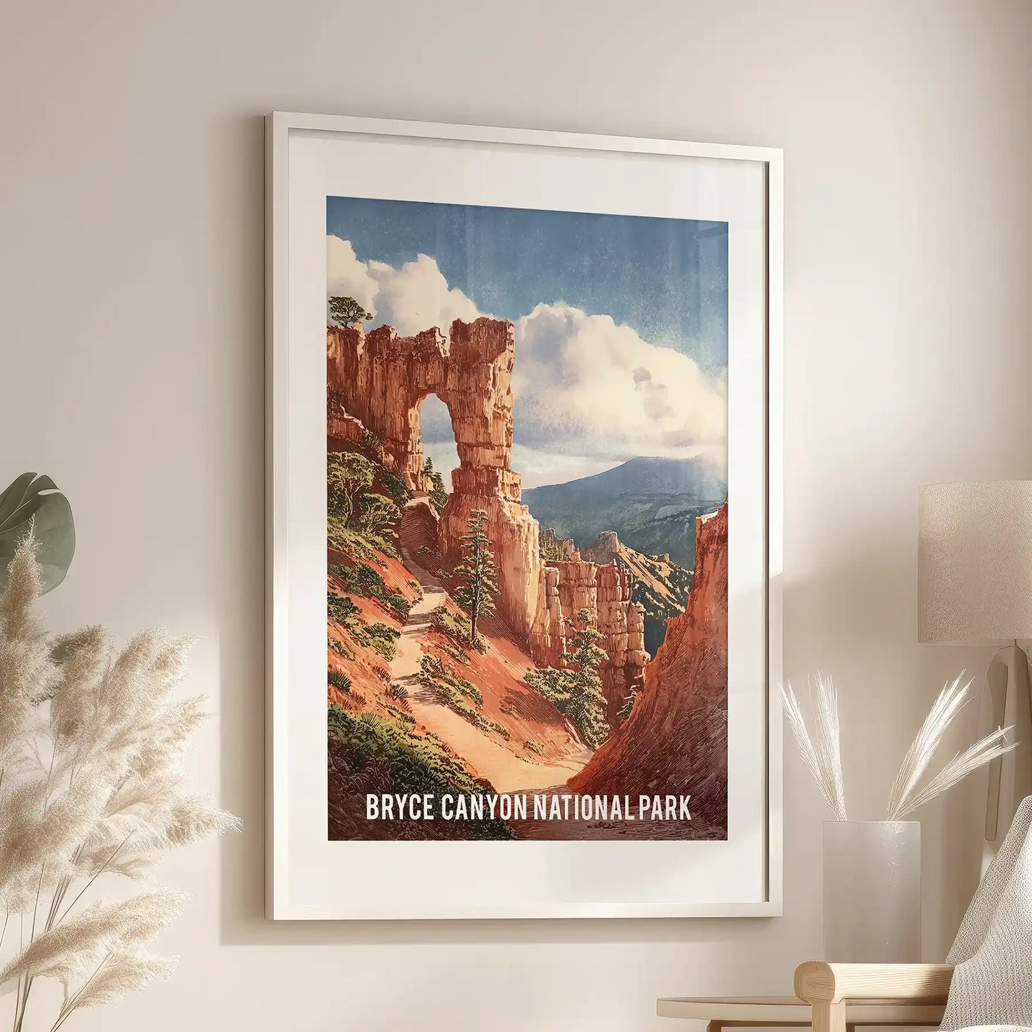Vintage Utah travel poster wall picture, white framed with mat, sits over the chair to echo the park's sweeping amphitheater in the living room.