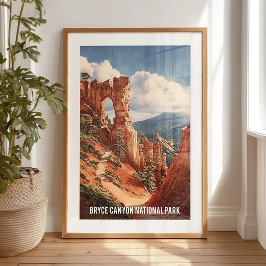 A gallery wall art print of red-orange rock formations, framed with a black mat, leans in the bedroom to layer rugged Utah color and depth.