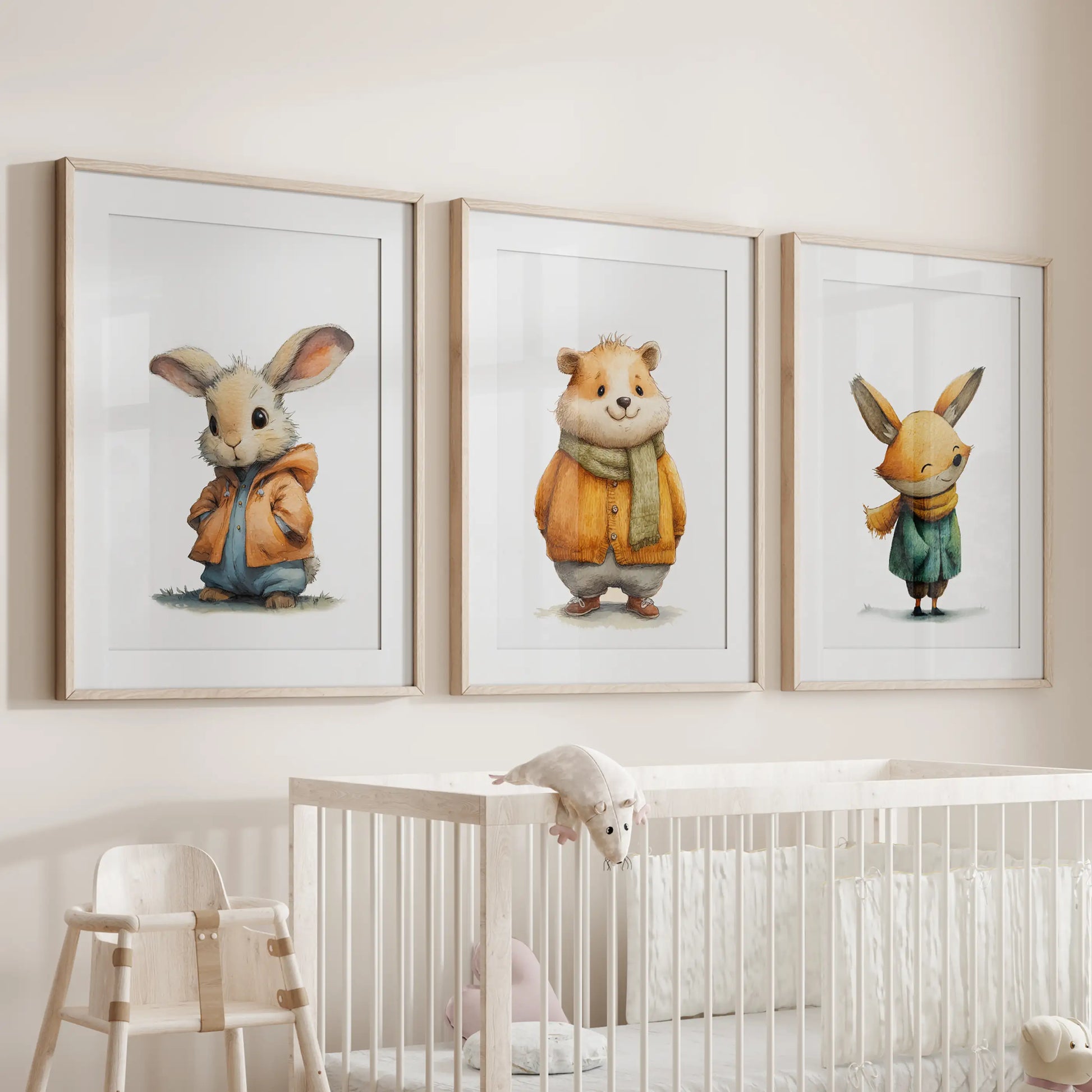A three-print wall gallery of bunny, teddy, and fox art in warm wood frames with mats creates a soothing focal point above the crib.