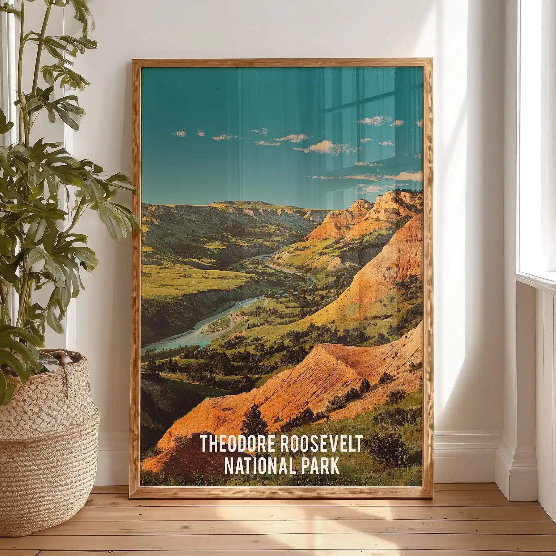 Theodore Roosevelt National Park badlands gallery art print leans casually in a cozy bedroom by the window, set in a thin wood frame and ready to hang.