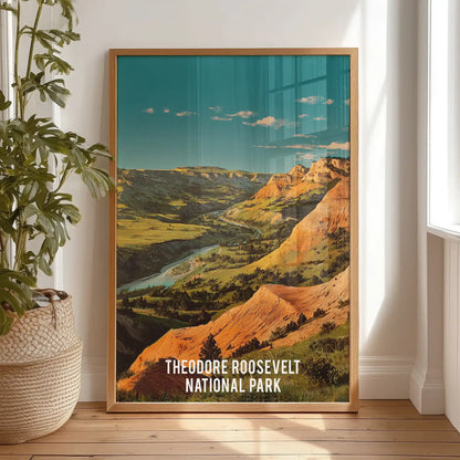 Theodore Roosevelt National Park badlands gallery art print leans casually in a cozy bedroom by the window, set in a thin wood frame and ready to hang.
