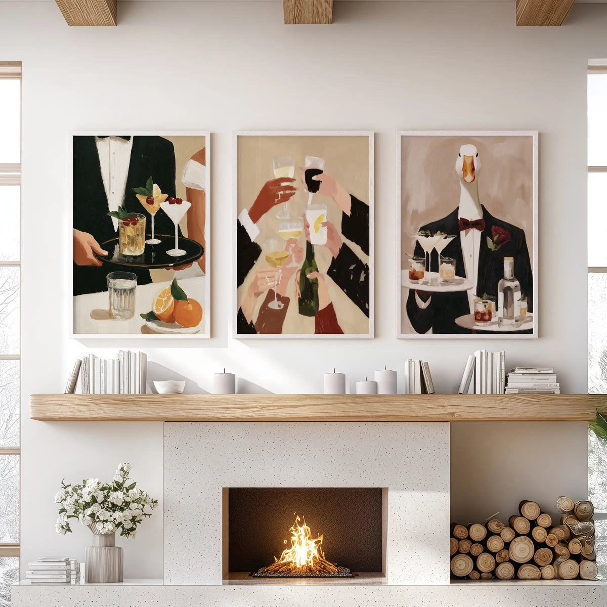 Cafe cocktail wall art in a three-piece set, displayed in white frames over the living room fireplace mantel.