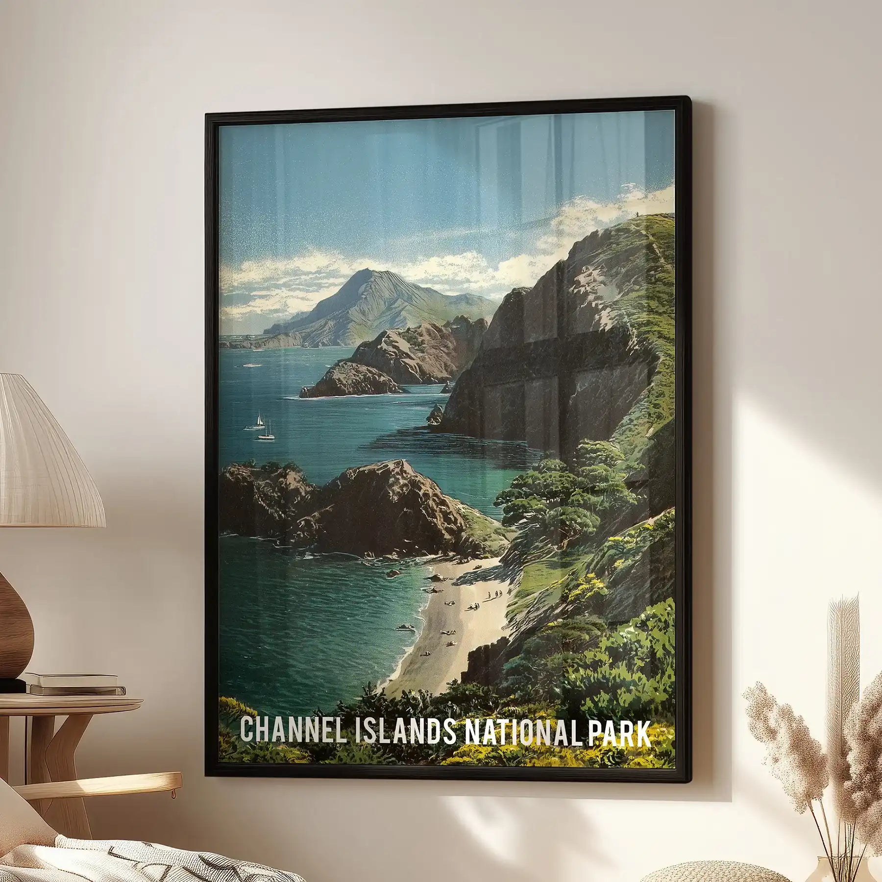 Channel Islands National Park coastline single poster print in a black frame, made for the lounge and hung above a cozy chair, capturing sunlit cliffs and sea.