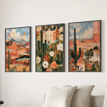 California desert scenery gallery wall of three prints creates an easy focal point above the lounge couch, black framed for bold contrast against soft hues.