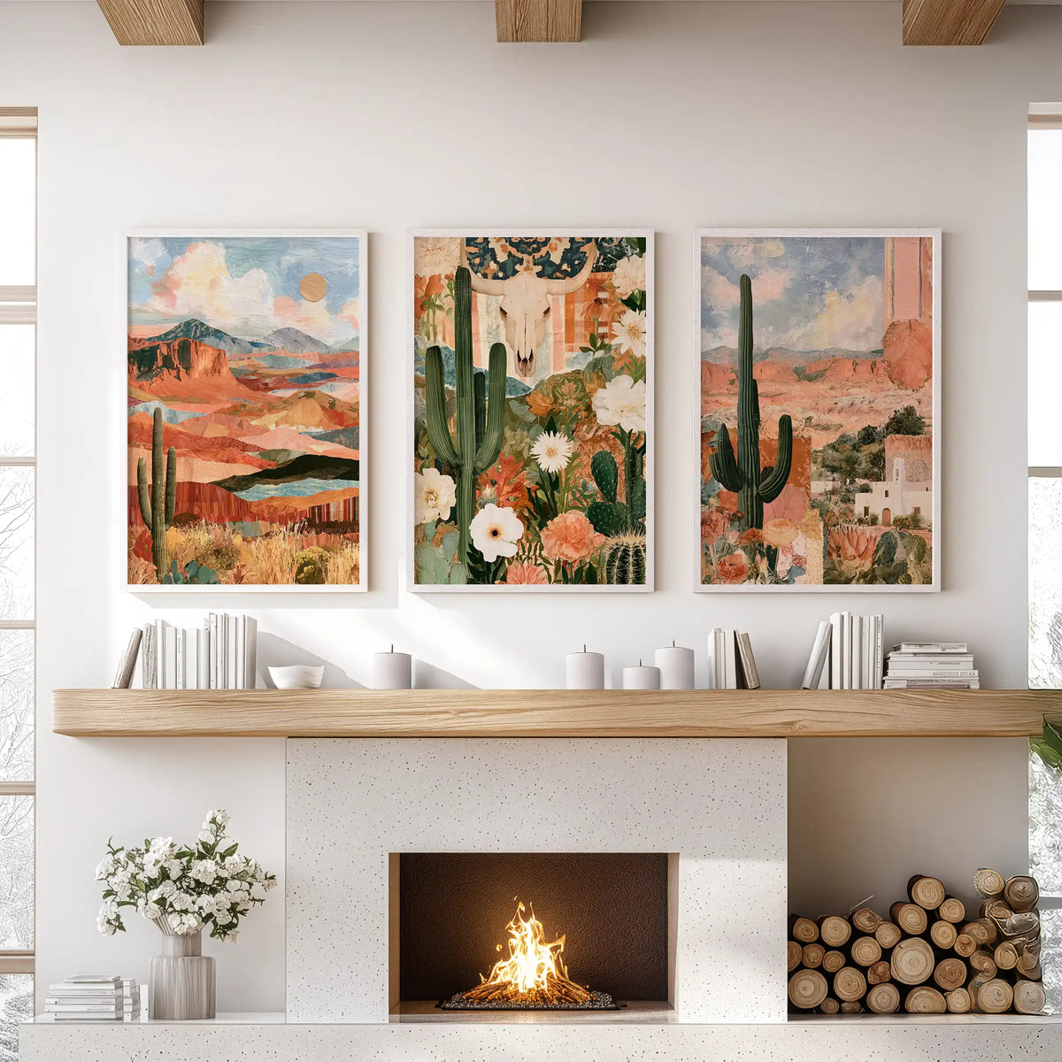 Cactus landscape wall art trio set crowns the lounge fireplace, in white frames, lining up bold saguaros and gentle sands in cohesive neutrals.