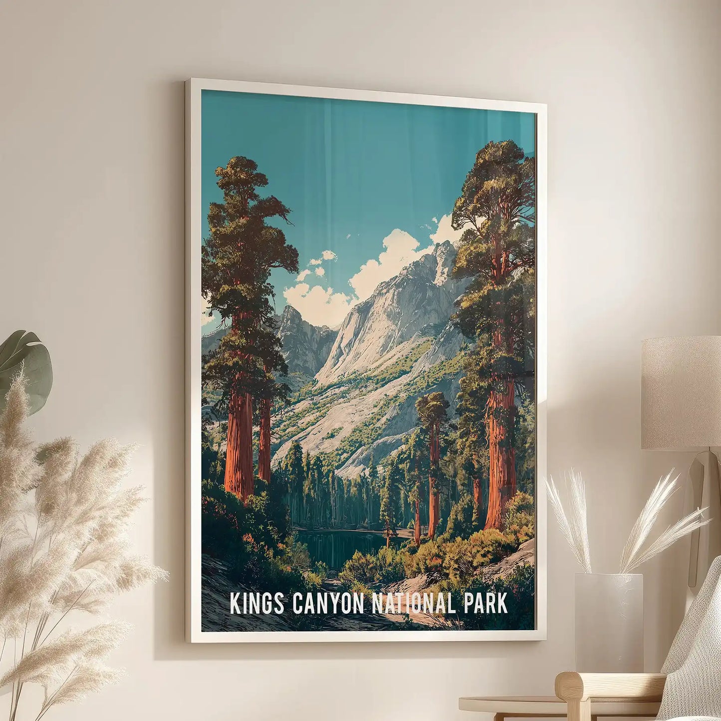 Kings Canyon landscape gallery wall print, finished in a fresh white frame, floats above the living room seating area to brighten the space with alpine air.