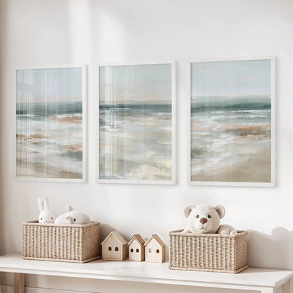 A gallery trio of horizon prints in crisp white frames hangs over the storage bench, softening the kids room with calm coastal air.