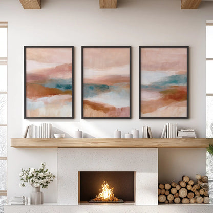 Organic abstract shapes, a three-piece wall art set in black frames, anchors the sitting room displayed over the mantelpiece.