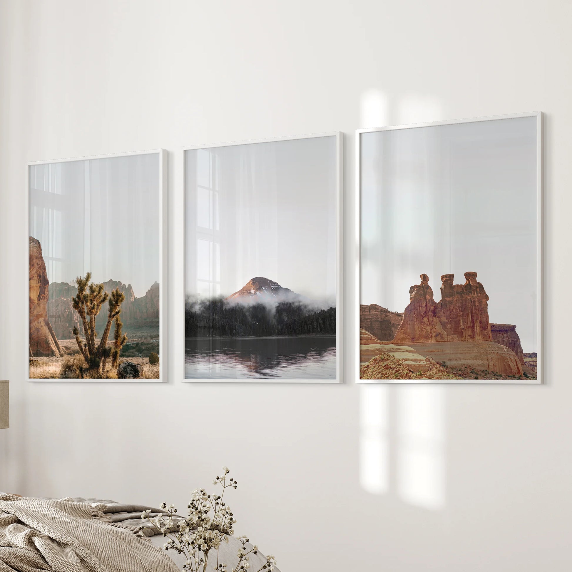 Utah canyon vistas poster set of 3, white framed, brings soft desert light to the bedroom wall without overwhelming the space.
