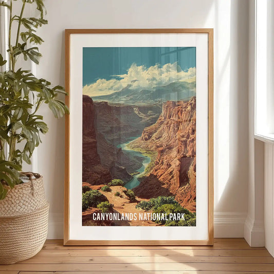 A single-panel Colorado River print, black-framed with matting, rests against the bedroom wall for a relaxed, gallery-style look.