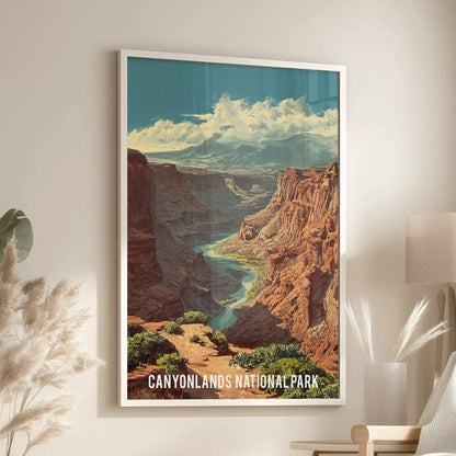 A desert canyon landscape poster in a white frame fills the living room with open Southwest light, positioned neatly above the chair.