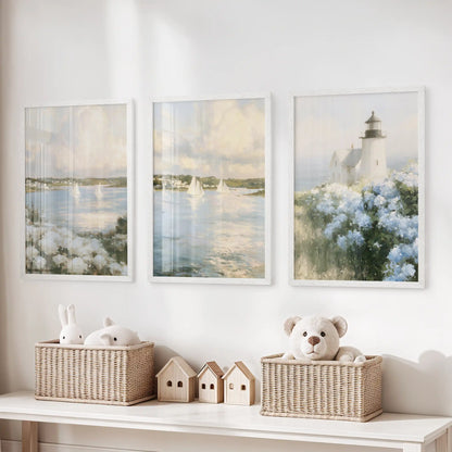 Vintage coastal seascape wall art set of three, in white-framed prints, brightens a kids room when hung above the toy storage bench.