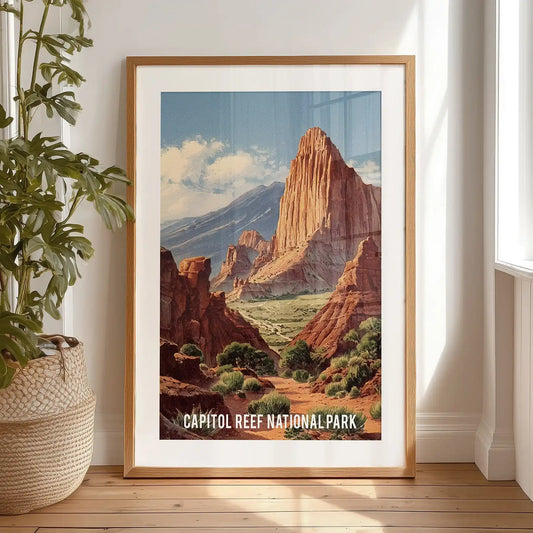 A black-matted Capitol Reef cliffs print, leaning casually on the bedroom floor, serves as refined wall art with easy design-forward charm.