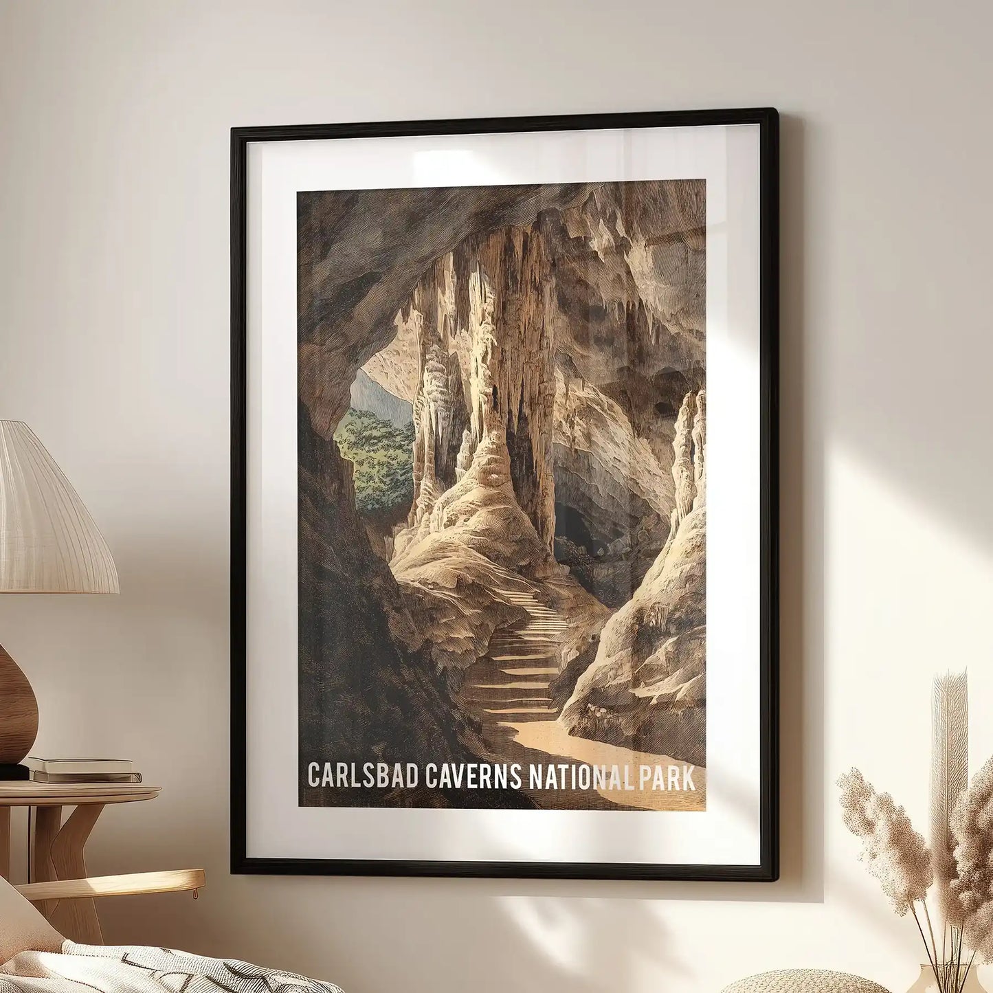 Large wall art with a black-matted frame crowns the family-room lounge seat, its vast limestone chambers evoking the sweep of Carlsbad Caverns.