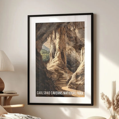 Large wall art with a black-matted frame crowns the family-room lounge seat, its vast limestone chambers evoking the sweep of Carlsbad Caverns.