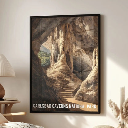 A black-framed wall art print of limestone cave formations hangs above the family-room armchair, giving the space a sense of glowing cavern depth.