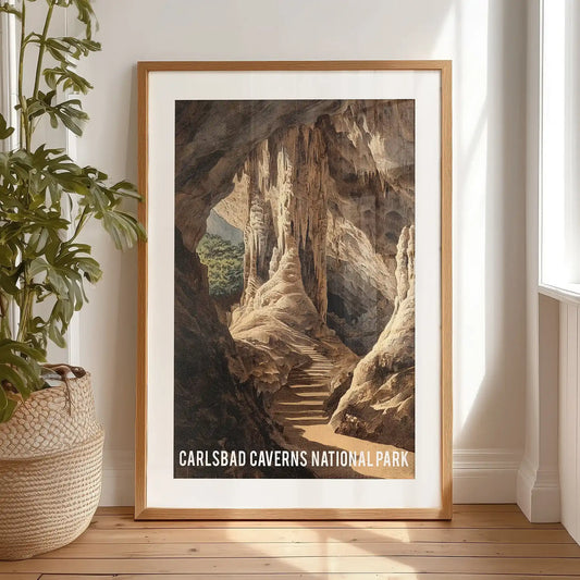 Limestone cave formations wall artwork with a black frame and wide mat rests on the bedroom floor, leaning casually while spotlighting sculpted dripstone.