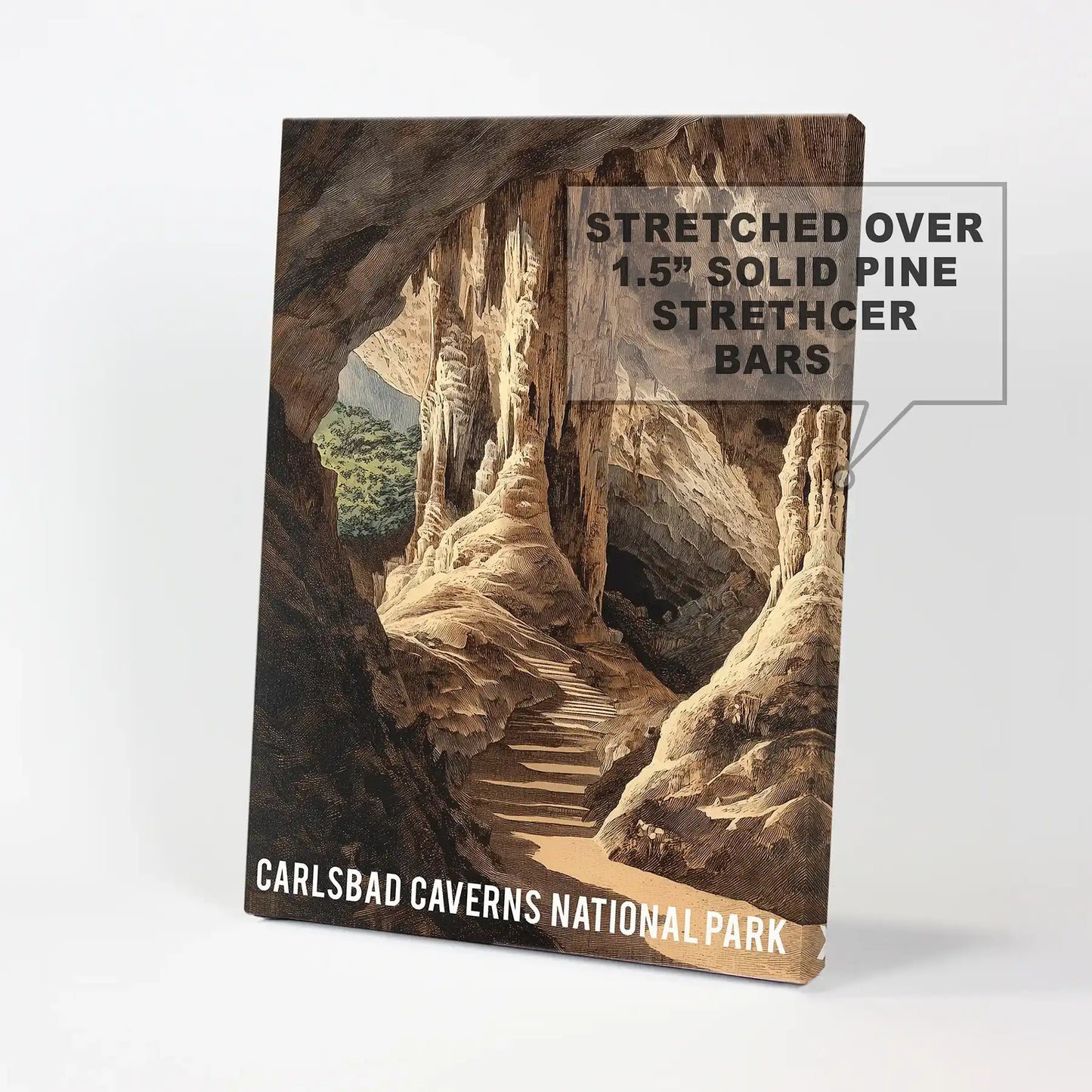 A frameless canvas art print of Carlsbad Caverns National Park lends a crisp, modern accent while spotlighting New Mexico’s iconic limestone spaces.