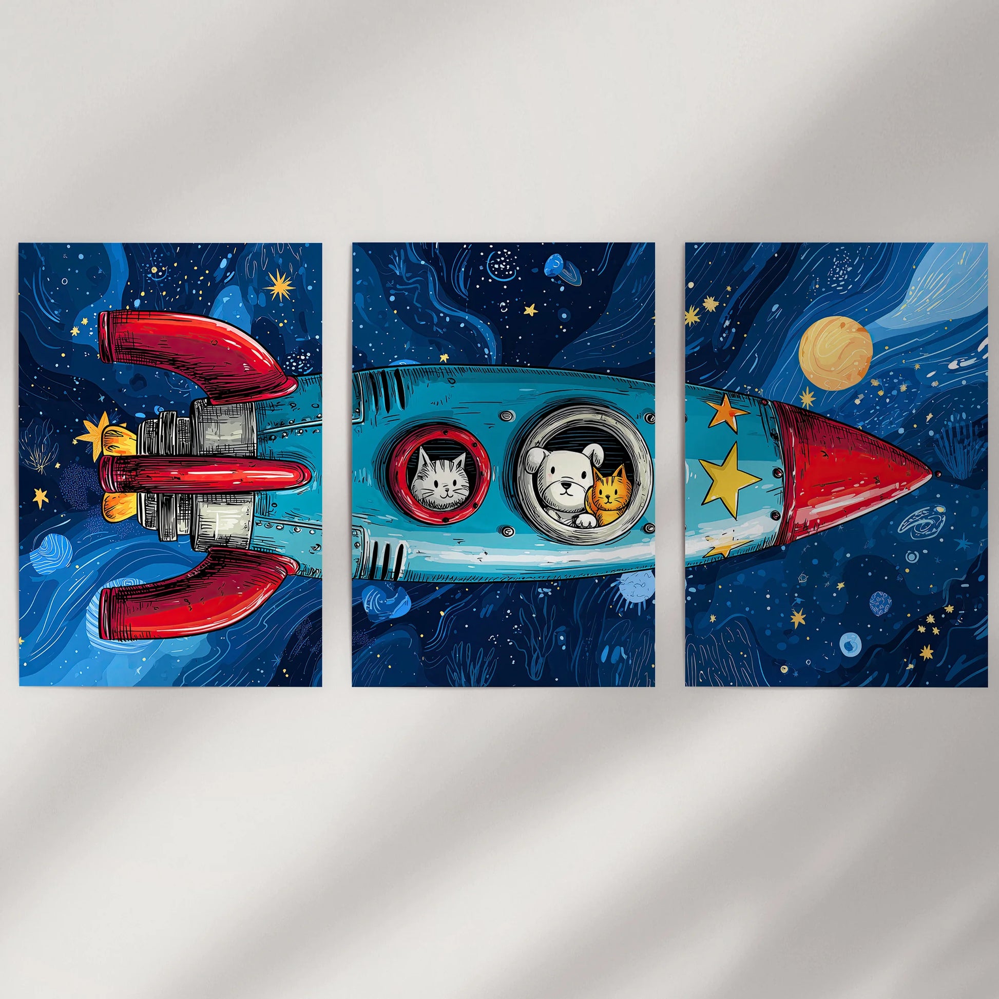 Spaceship posters, a three-piece gallery set, land cleanly on an empty wall as prints without frames, at home in a simple gallery.