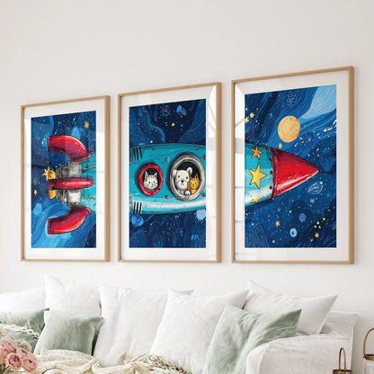 Outer space scene wall decor, three pieces, stretches behind the sofa in natural oak frames with mats to form an easy sitting room gallery.