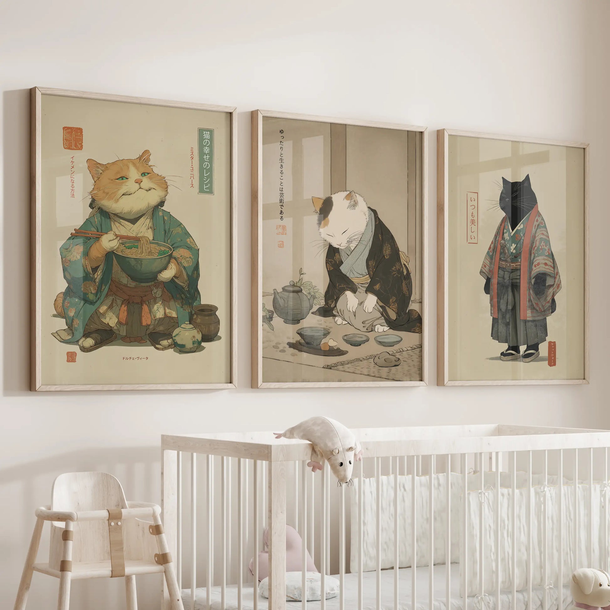 A set of three thin-wood framed prints of a ramen-eating cat hangs over the nursery cot, bringing a touch of gentle playfulness.