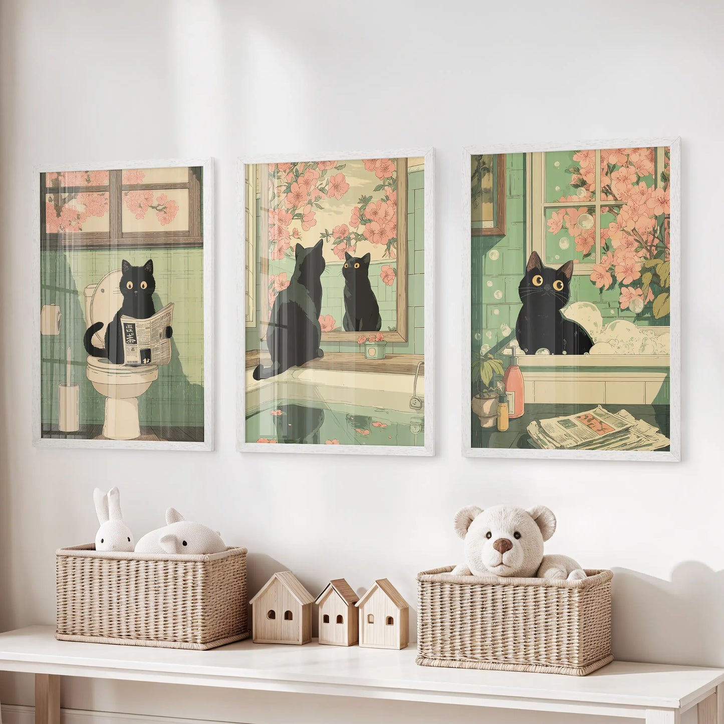A white-framed trio of cat-themed bathroom prints enlivens the playroom wall above the toy bench, featuring a black cat at his newspaper.